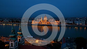 Aerial view of Budapest Hungarian Parliament Building at night, Hungary