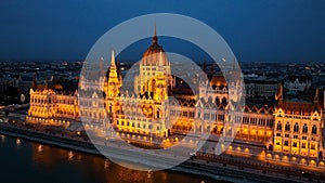 Aerial view of Budapest Hungarian Parliament Building at night, Hungary