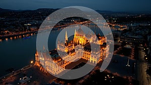 Aerial view of Budapest Hungarian Parliament Building at night, Hungary