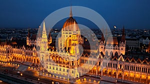 Aerial view of Budapest Hungarian Parliament Building at night, Hungary