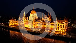 Aerial view of Budapest Hungarian Parliament Building at night, Hungary