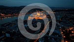 Aerial view of Budapest Hungarian Parliament Building at night, Hungary
