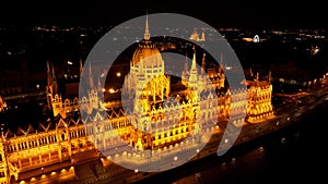Aerial view of Budapest Hungarian Parliament Building at night, Hungary