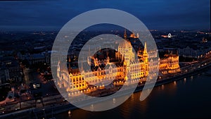 Aerial view of Budapest Hungarian Parliament Building at night, Hungary