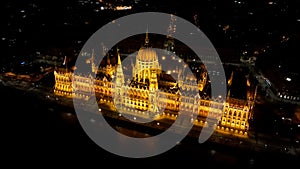 Aerial view of Budapest Hungarian Parliament Building at night, Hungary