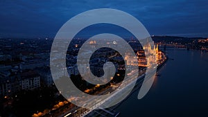 Aerial view of Budapest Hungarian Parliament Building at night, Hungary