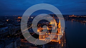 Aerial view of Budapest Hungarian Parliament Building at night, Hungary