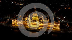 Aerial view of Budapest Hungarian Parliament Building at night, Hungary