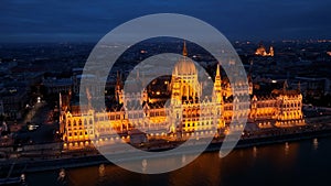 Aerial view of Budapest Hungarian Parliament Building at night, Hungary