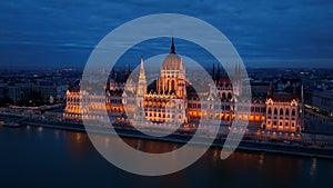 Aerial view of Budapest Hungarian Parliament Building at night, Hungary