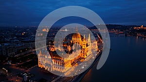 Aerial view of Budapest Hungarian Parliament Building at night, Hungary