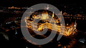 Aerial view of Budapest Hungarian Parliament Building at night, Hungary