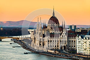 Aerial view of Budapest, Hungary at sunset