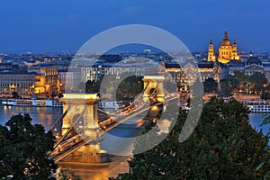 Aerial view of Budapest at night. Hungarian landmarks:,