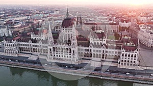 Aerial view of Budapest Parliament Building. Hungary Capital at sunrise