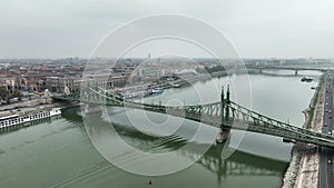 Aerial view of Budapest Szabadsag hid, Liberty Bridge , connects Buda and Pest