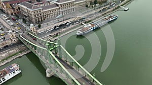 Aerial view of Budapest Szabadsag hid, Liberty Bridge , connects Buda and Pest