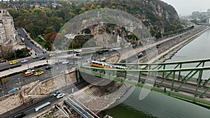 Aerial view of Budapest Szabadsag hid, Liberty Bridge , connects Buda and Pest