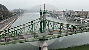 Aerial view of Budapest Szabadsag hid, Liberty Bridge , connects Buda and Pest