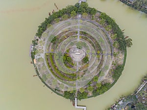 Aerial view of a Buddha circle around Seven-star Crags Scenic Area