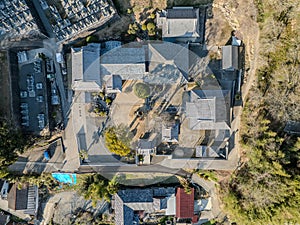 Aerial view of the Buddhist Temple Unmonji in Hojo, Ehime Prefecture, Japan