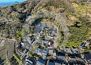 Aerial view of the Buddhist Temple Unmonji in Hojo, Ehime Prefecture, Japan