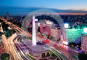 Aerial view of Buenos Aires city with Obelisk and 9 de julio avenue at night - Buenos Aires, Argentina photo