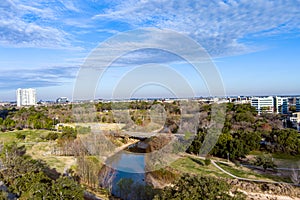 Aerial view of the Buffalo Bayou in Houston Texas