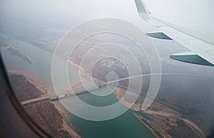 The aerial view of Bugrinsky bridge over the Ob river. Novosibir