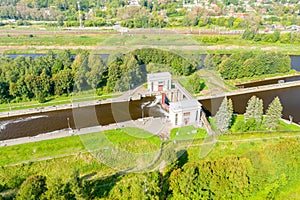 Aerial view of the building of the gateway on the Moscow Canal