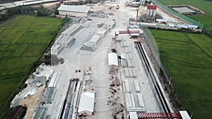 Aerial view of building material within a construction site