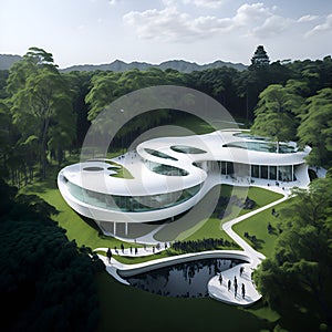 An aerial view of a building surrounded by trees created with Generative AI technology