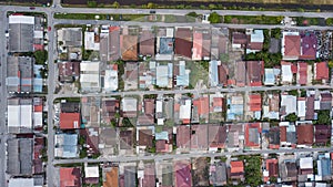 Aerial view of buildings and cityscape in Sekinchan, Selangor, Malaysia.