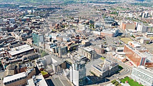 Aerial view on buildings and Lagan River in City center of Belfast Northern Ireland. Drone photo, high angle view of town