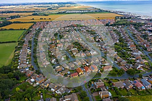 Aerial View of buildings and the mere in the seaside town of Hornsea during Summer of 2019