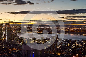 Aerial View of Buildings, Skyscrapers and Towers in New York and Jersey City at Sunset