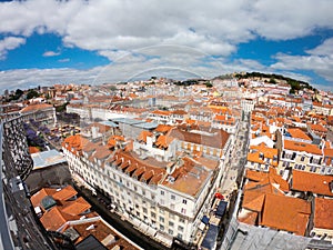 Aerial view on Buildings and street in Lisbona, Portugal. Orange roofs in city center