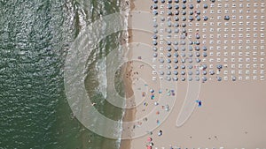 aerial view of Bulgaria's Albena resort during the summer season: an array of hotels, pools, and crowds of people