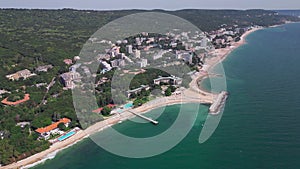 aerial view of Bulgaria's Golden Sands resort during the summer season: an array of hotels, pools, and crowds of