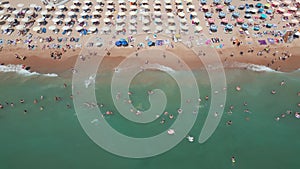 aerial view of Bulgaria's Golden Sands resort during the summer season: an array of hotels, pools, and crowds of