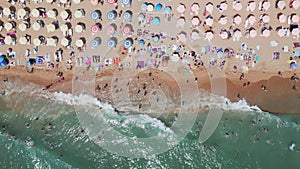 aerial view of Bulgaria's Golden Sands resort during the summer season: an array of hotels, pools, and crowds of