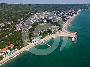 aerial view of Bulgaria's Golden Sands resort during the summer season: an array of hotels, pools, and crowds of