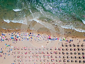 aerial view of Bulgaria's Golden Sands resort during the summer season: an array of hotels, pools, and crowds of