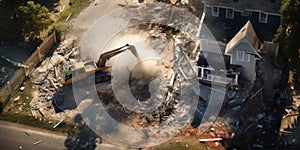 Aerial View of Bulldozer Demolishing a House. Generative AI.