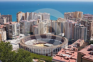 Aerial view of the Bullring with the sea in Malaga, Spain