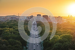 Aerial view of Bundesstrasse 2 highway and Tiergarten Park at sunset - Berlin, Germany