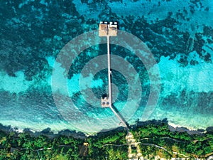 Aerial view of bungalow, white sandy beach, sea and palms photo