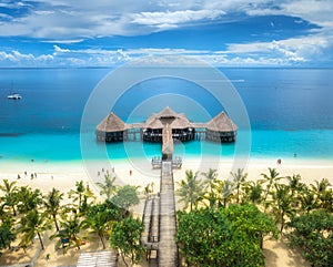 Aerial view of bungalow, white sandy beach, sea and palms photo