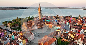Aerial view of Burano Island, colorful houses, Church and Campanile, Italy