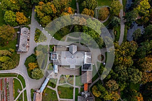 Aerial view of Burbiskis manor, Radviliskis region in Lithuania